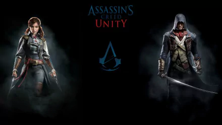 HD PC desktop wallpaper featuring Élise de la Serre and Arno Dorian from the video game Assassin's Creed: Unity with the game's logo centered on a dark background.