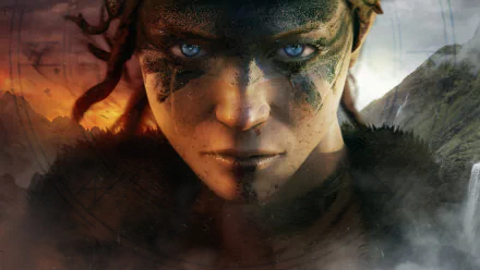 Close-up of Senua from Hellblade: Senua's Sacrifice, featuring her intense gaze and war paint, captured in an HD PC desktop wallpaper from the video game.