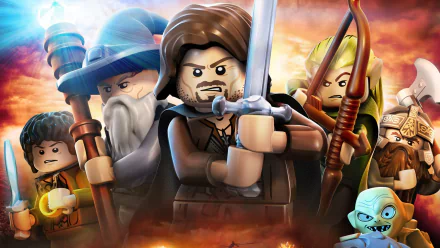 HD PC desktop wallpaper featuring LEGO The Lord of the Rings characters in action, showcasing a dynamic video game scene with iconic heroes and villains.