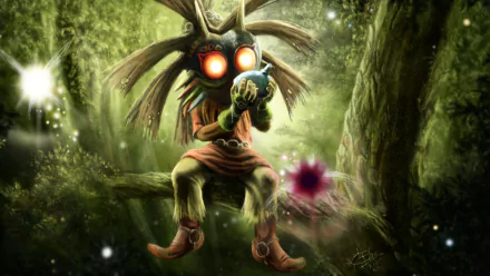 A striking HD wallpaper featuring a character from *The Legend of Zelda: Majora's Mask*, holding a magical ocarina in a mystical forest setting.