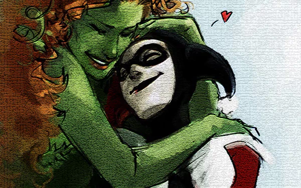 HD desktop wallpaper of Gotham City Sirens featuring a warm embrace between Poison Ivy and Harley Quinn in vibrant comic art style.
