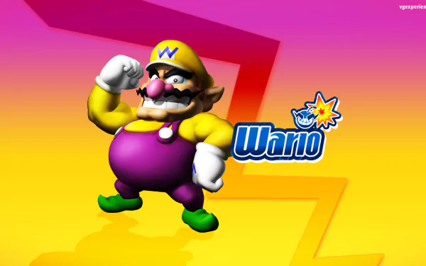 HD PC desktop wallpaper featuring Wario from the video game Wario Land: Super Mario Land 3, set against a vibrant yellow and pink background with the Wario logo.