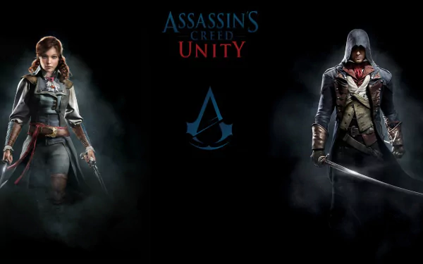 HD PC desktop wallpaper featuring Élise de la Serre and Arno Dorian from the video game Assassin's Creed: Unity with the game's logo centered on a dark background.
