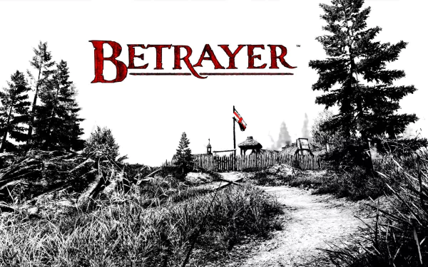 HD PC desktop wallpaper from the video game Betrayer: high-contrast black-and-white scene of a dirt path through grassy woods leading to a wooden fort with a flag.