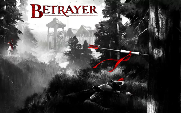 HD PC desktop wallpaper for the video game Betrayer: monochrome forest with red accents, masked archer in shadows, ruined tower and fallen warrior.