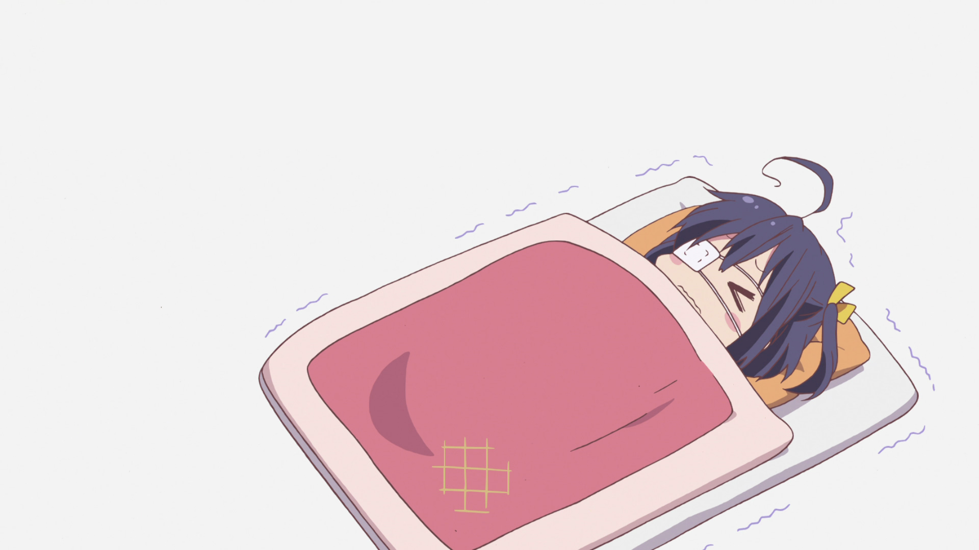HD PC desktop wallpaper featuring Rikka Takanashi from the anime Love Chunibyo & Other Delusions, shown lying down with a pink blanket.