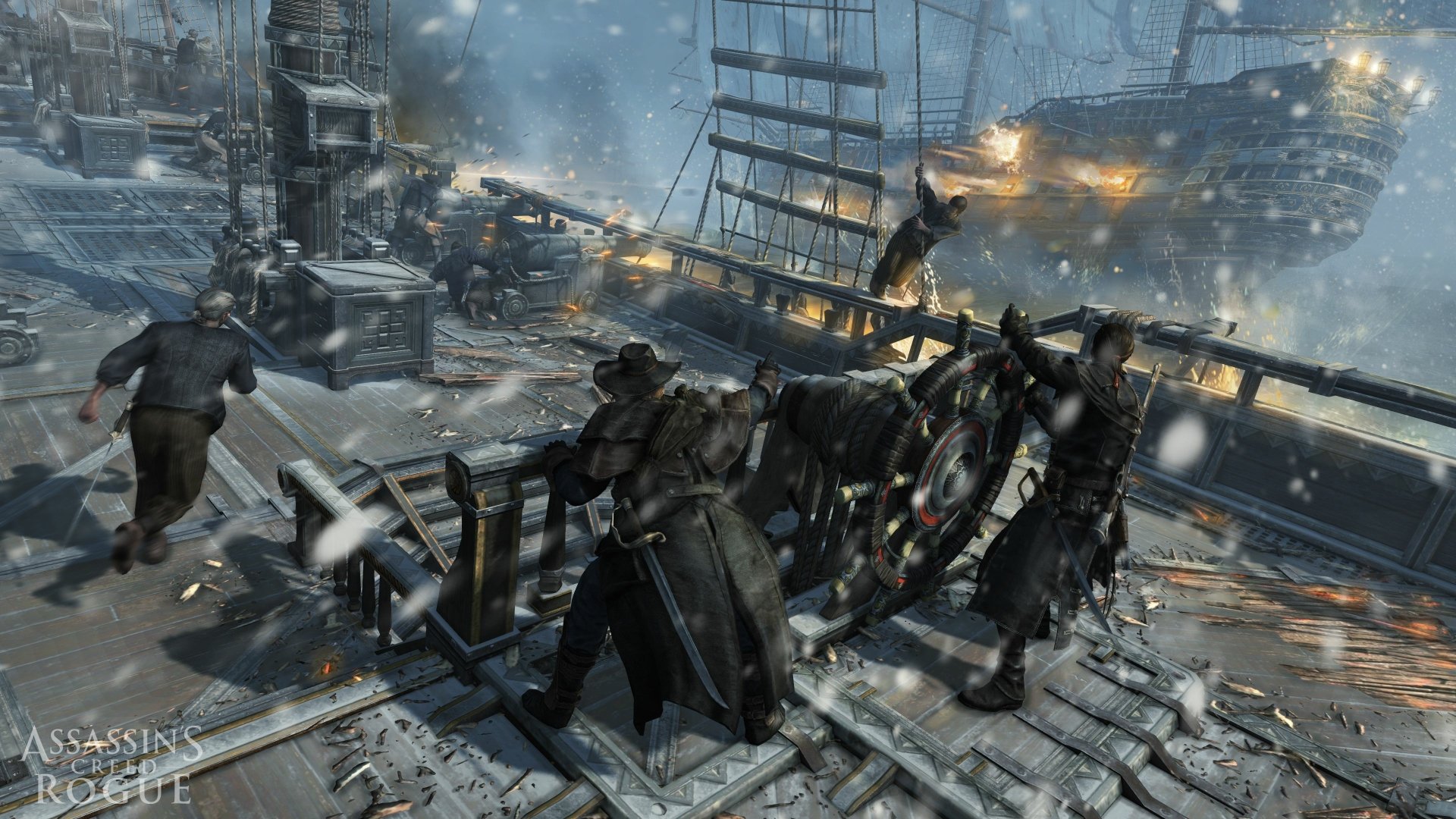 A dramatic scene from Assassin's Creed: Rogue featuring characters engaged in intense action on a snowy ship deck, with cannons firing amidst a dynamic backdrop in 4K Ultra HD.