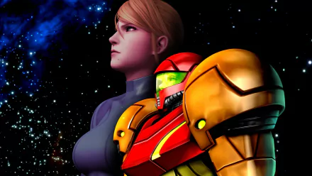 HD PC desktop wallpaper of Samus Aran from the video game Metroid Prime 2: Echoes, profile view with helmeted Power Suit and Zero Suit Samus against a starfield background.