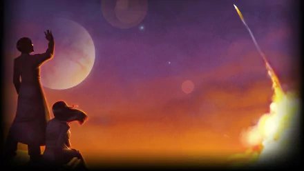 A scenic HD wallpaper from the video game To The Moon, featuring two figures watching a rocket launch against a colorful twilight sky and a large moon in the background.