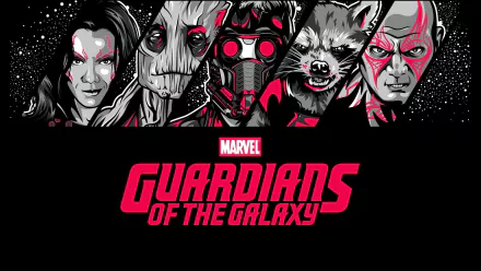 A vibrant HD wallpaper featuring the main characters from Guardians of the Galaxy, showcasing iconic designs and bold colors with the movie title prominently displayed at the bottom.
