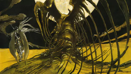 Anime-style 4K Ultra HD wallpaper featuring Vampire Hunter D standing beside a massive, eerie skeletal structure in a dark, surreal desert landscape.