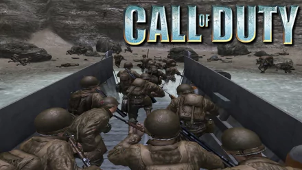 HD PC desktop wallpaper featuring intense Call of Duty gameplay with soldiers crossing a rugged river under fire in a wartime setting.