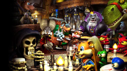 HD PC desktop wallpaper featuring characters from the video game Conker's Bad Fur Day gathered around a table playing chess in a detailed, cozy room setting.