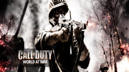 HD PC desktop wallpaper featuring a soldier aiming a gun in a smoky battlefield, from the video game Call of Duty: World at War.