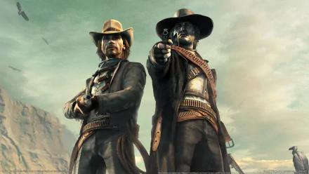 HD PC desktop wallpaper of two gunslingers from the video game Call Of Juarez: Bound In Blood, poised in a dusty Western standoff.