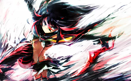HD desktop wallpaper featuring Ryūko Matoi from Kill La Kill with dynamic, two-toned hair, depicted in an intense action pose against a vivid, abstract background.