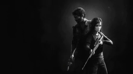 HD desktop wallpaper of The Last of Us video game featuring two characters standing back-to-back, one holding a gun and the other holding a rifle, set against a dark background.