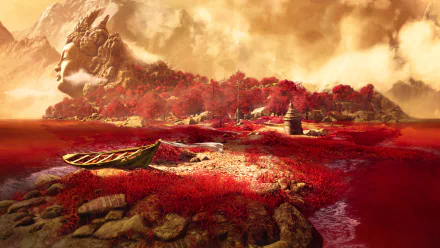 A stunning HD desktop wallpaper from Far Cry 4, showcasing a serene landscape with vibrant red foliage, a tranquil water scene, and a majestic mountain backdrop.