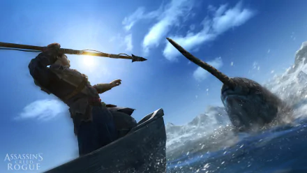 A dramatic scene from Assassin's Creed: Rogue featuring a character in a boat, poised with a spear, confronting a majestic narwhal against a stunning ocean backdrop. 4K Ultra HD quality.
