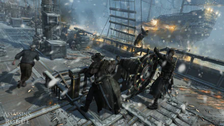 A dramatic scene from Assassin's Creed: Rogue featuring characters engaged in intense action on a snowy ship deck, with cannons firing amidst a dynamic backdrop in 4K Ultra HD.
