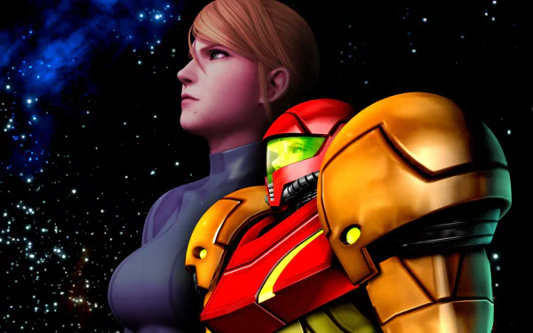 HD PC desktop wallpaper of Samus Aran from the video game Metroid Prime 2: Echoes, profile view with helmeted Power Suit and Zero Suit Samus against a starfield background.