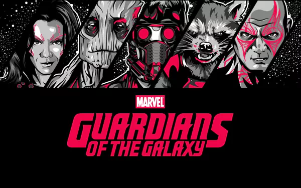 A vibrant HD wallpaper featuring the main characters from Guardians of the Galaxy, showcasing iconic designs and bold colors with the movie title prominently displayed at the bottom.