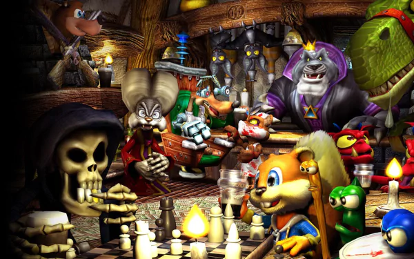HD PC desktop wallpaper featuring characters from the video game Conker's Bad Fur Day gathered around a table playing chess in a detailed, cozy room setting.
