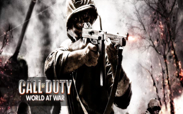 HD PC desktop wallpaper featuring a soldier aiming a gun in a smoky battlefield, from the video game Call of Duty: World at War.