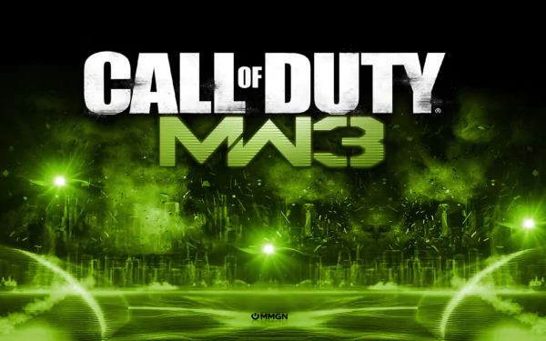 A striking HD wallpaper featuring the iconic logo of Call of Duty: Modern Warfare 3, set against a dynamic green and black background.