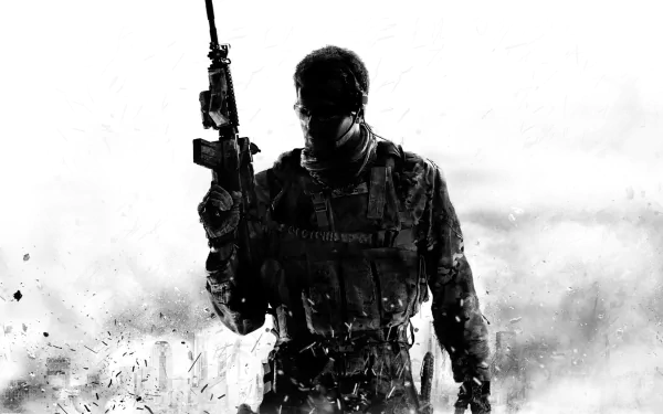 Silhouetted soldier holding a rifle in a high-contrast black and white design from Call of Duty: Modern Warfare 3, featured as an HD PC desktop wallpaper.