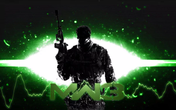 HD PC desktop wallpaper featuring a soldier silhouette from Call of Duty: Modern Warfare 3 with glowing green effects and the MW3 logo.