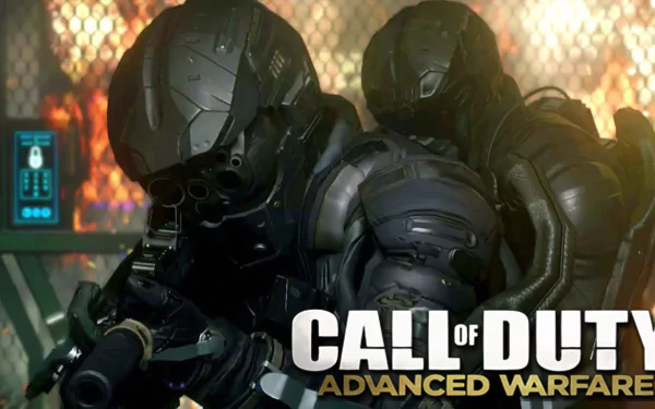 HD PC desktop wallpaper featuring two armored soldiers from the video game Call of Duty: Advanced Warfare in a tactical pose with the game's logo prominently displayed.