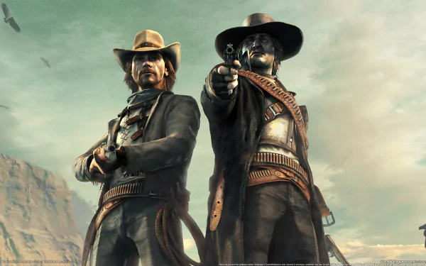 HD PC desktop wallpaper of two gunslingers from the video game Call Of Juarez: Bound In Blood, poised in a dusty Western standoff.