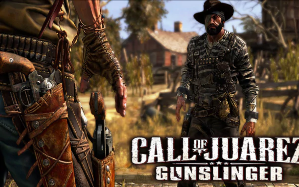 HD PC desktop wallpaper from the video game Call of Juarez: Gunslinger, featuring a gunslinger in Western attire with a rustic village background.