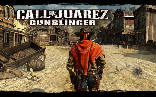 HD PC desktop wallpaper featuring a scene from the video game Call of Juarez: Gunslinger, showing a gunslinger in a dusty Old West town.