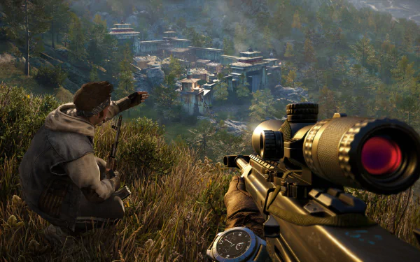 A high-definition wallpaper from Far Cry 4, showcasing a character preparing with a bow, set against a lush, mountainous backdrop and a distant village in the valley below.