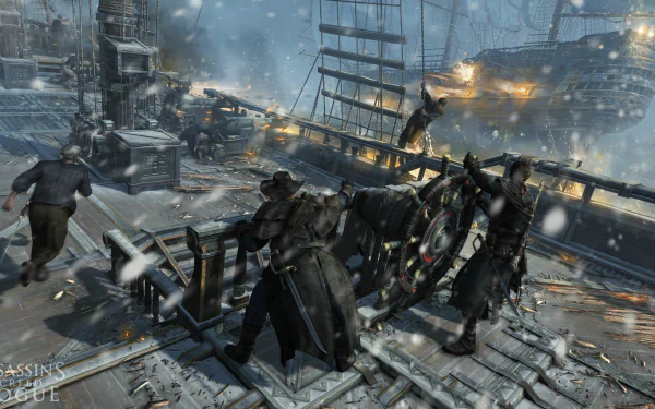 A dramatic scene from Assassin's Creed: Rogue featuring characters engaged in intense action on a snowy ship deck, with cannons firing amidst a dynamic backdrop in 4K Ultra HD.