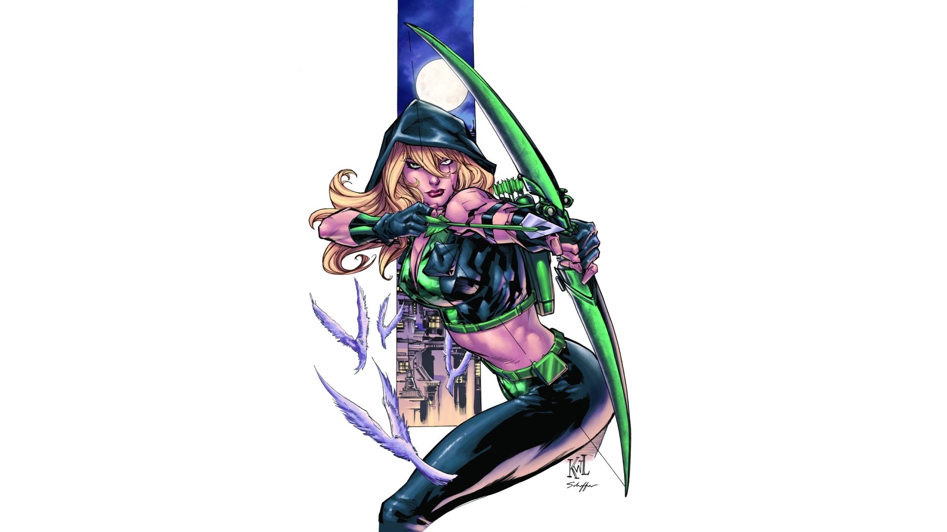 Comic Robyn Hood archer in green-and-black gear drawing a glowing bow, dynamic action pose on a 2K Quad HD PC desktop wallpaper background.