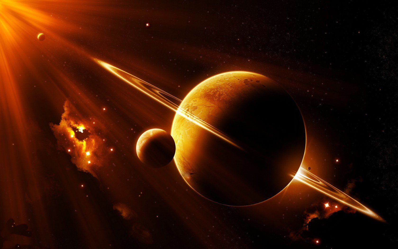 HD sci-fi PC desktop wallpaper/background showing an orange gas giant with bright planetary rings, a moon, and distant nebulae.