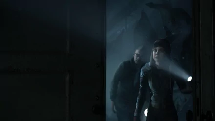 HD PC desktop wallpaper from the video game Until Dawn, featuring two characters exploring a dark, eerie environment with a flashlight.
