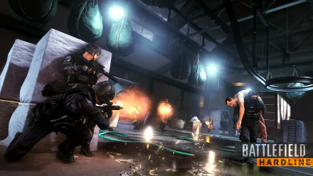 HD PC desktop wallpaper for the video game Battlefield: Hardline (Battlefield) — SWAT officers firing inside a dim, wet industrial interior with muzzle flashes and dramatic lighting.