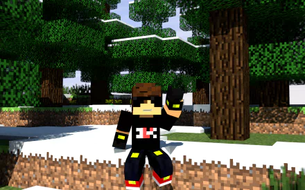 HD desktop wallpaper featuring Steve from Minecraft wearing sunglasses, standing in a snowy forest landscape with trees, created by Mojang.