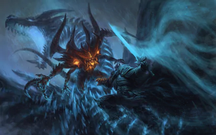 HD PC desktop wallpaper featuring a fierce battle between a demonic character from Diablo III and a warrior, blending elements from Diablo and Heroes of the Storm.
