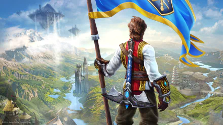 HD PC desktop wallpaper featuring a video game character holding a flag overlooking a vast fantasy landscape with castles and a distant floating landmark.
