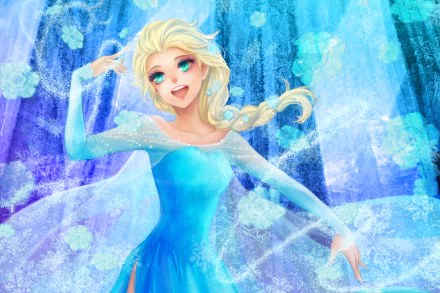 HD PC desktop wallpaper featuring Elsa from the Frozen movie, showcasing her iconic ice powers with a vibrant blue icy background.