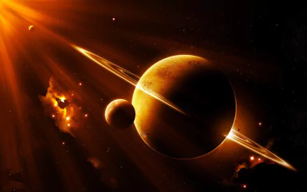 HD sci-fi PC desktop wallpaper/background showing an orange gas giant with bright planetary rings, a moon, and distant nebulae.