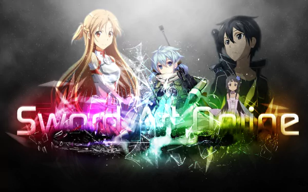 HD desktop wallpaper featuring Sword Art Online characters Kirito, Asuna, Sinon, and Yui with a stylized, glowing logo.