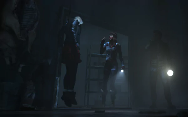 HD PC desktop wallpaper featuring a dark, suspenseful scene from the video game Until Dawn with characters exploring a shadowy environment using flashlights.