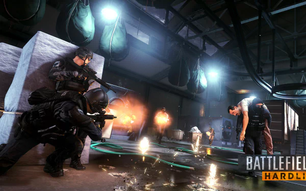 HD PC desktop wallpaper for the video game Battlefield: Hardline (Battlefield) — SWAT officers firing inside a dim, wet industrial interior with muzzle flashes and dramatic lighting.
