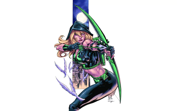 Comic Robyn Hood archer in green-and-black gear drawing a glowing bow, dynamic action pose on a 2K Quad HD PC desktop wallpaper background.